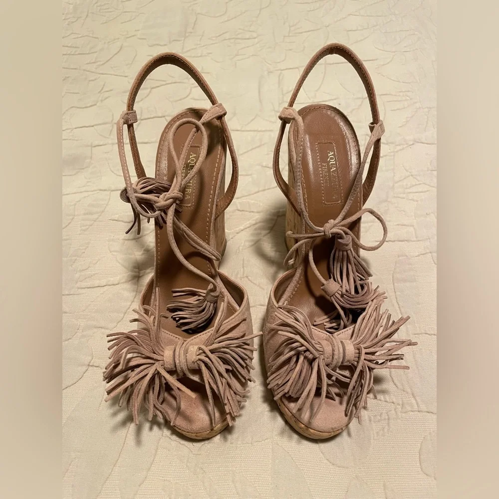 Aquazzura Blush Pink Suede Cork Wedge Sandals